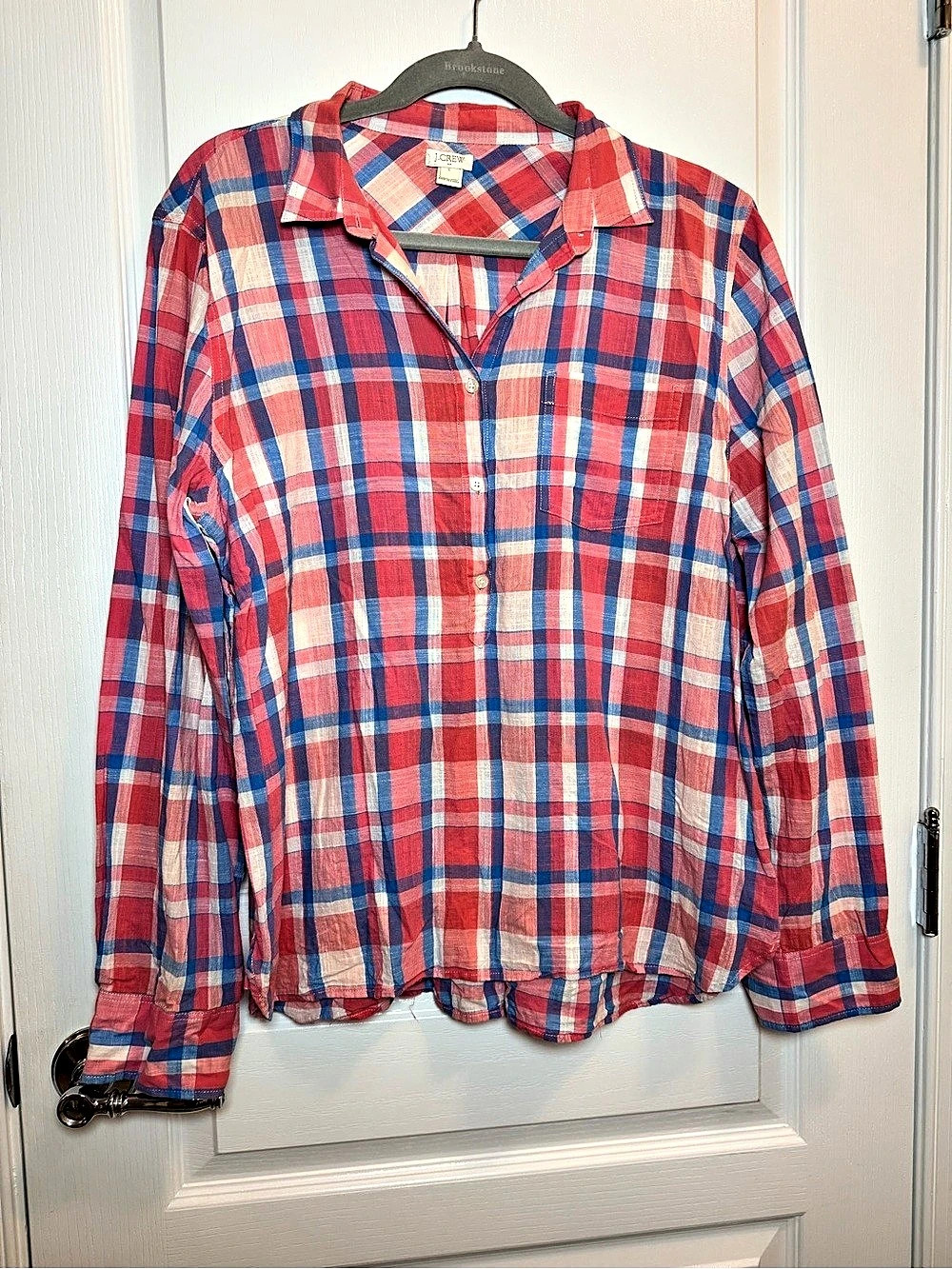 J.Crew Women’s Large Pink Blue Plaid Cotton Popover Button Shirt Long Sleeve